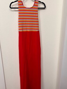 Zara Red Maxi Dress with Multicolor Striped Bodice